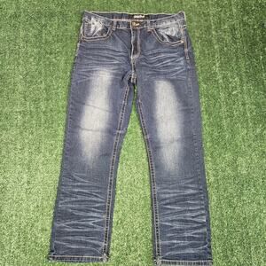 True Luck Jeans Mens 34x30 Blue Denim Bootcut Cowboy Embroidered Whiskering